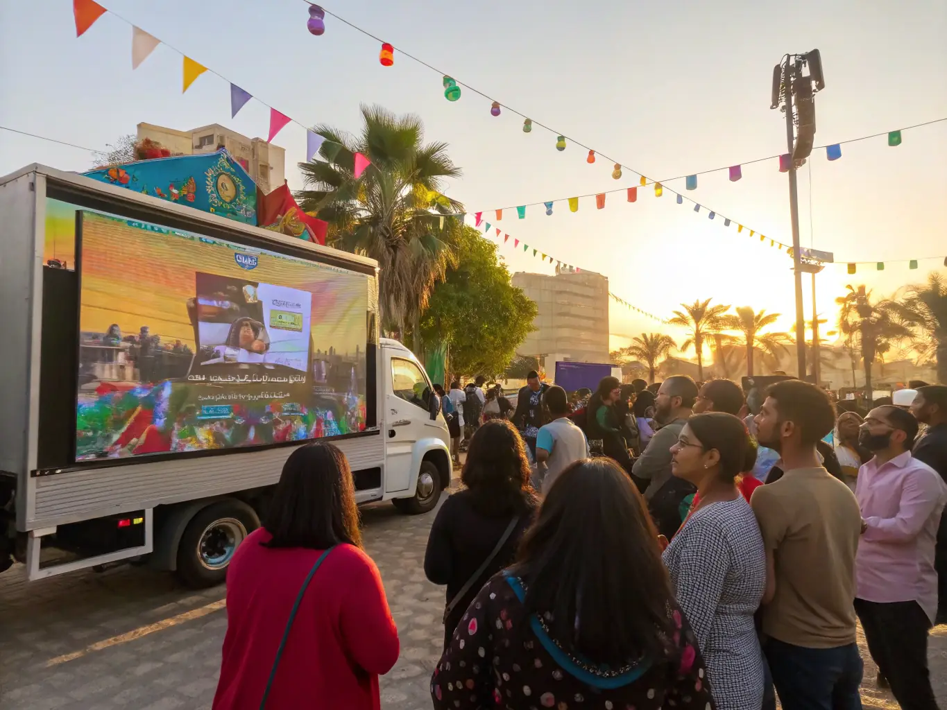 An image of a diverse group of people interacting with a digital billboard truck at an outdoor event, showcasing the truck's ability to engage with a target audience.