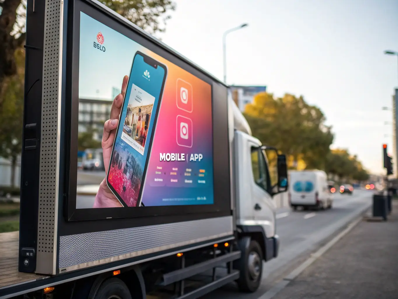 A close-up shot of a digital billboard truck's screen displaying a vibrant and engaging advertisement for a new mobile app.