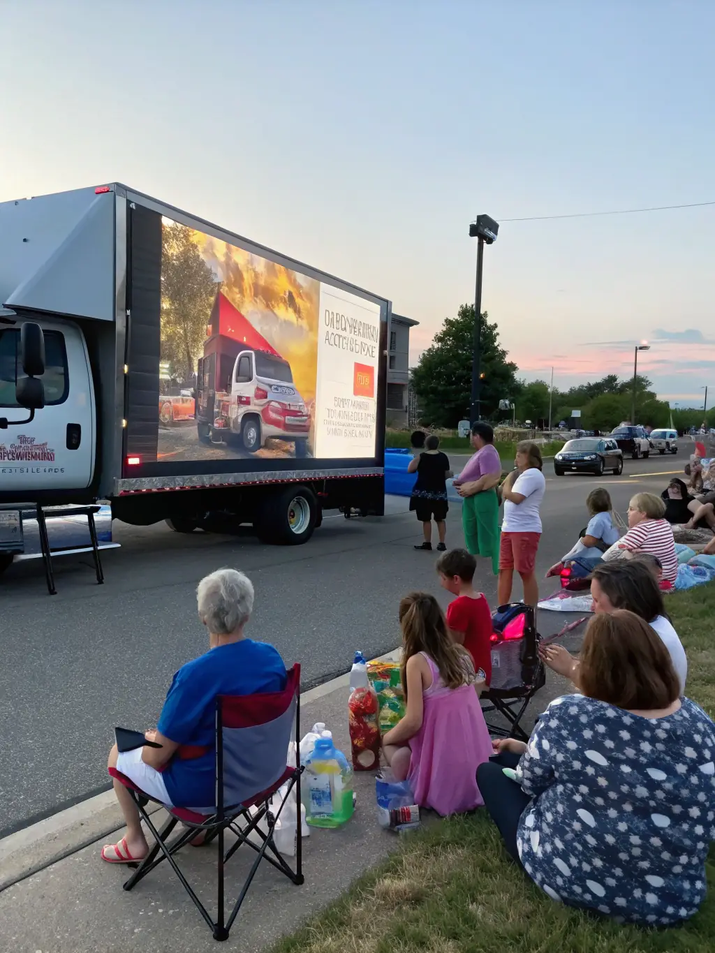 A digital billboard truck displaying an advertisement for a local charity, parked near a community event.