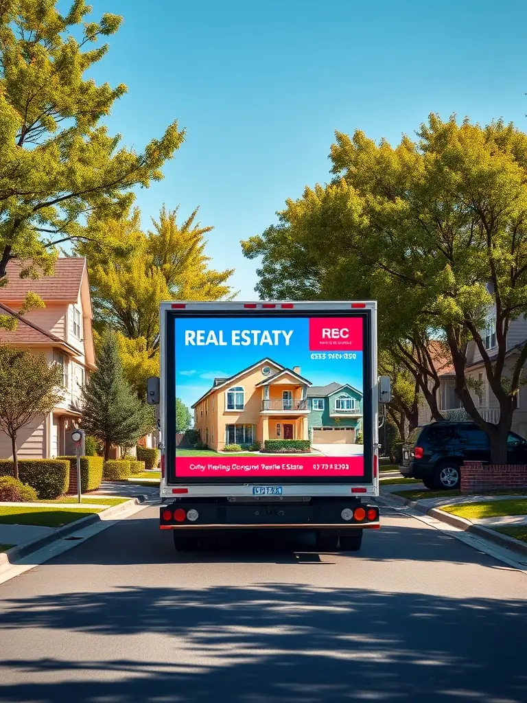 A digital billboard truck driving through a residential neighborhood, displaying an advertisement for a local real estate agency.