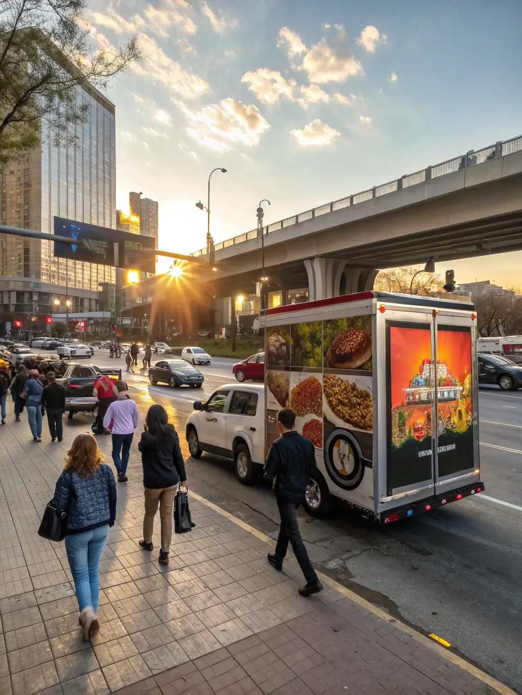 A digital billboard truck driving through a busy urban area, displaying a vibrant advertisement for a local restaurant.