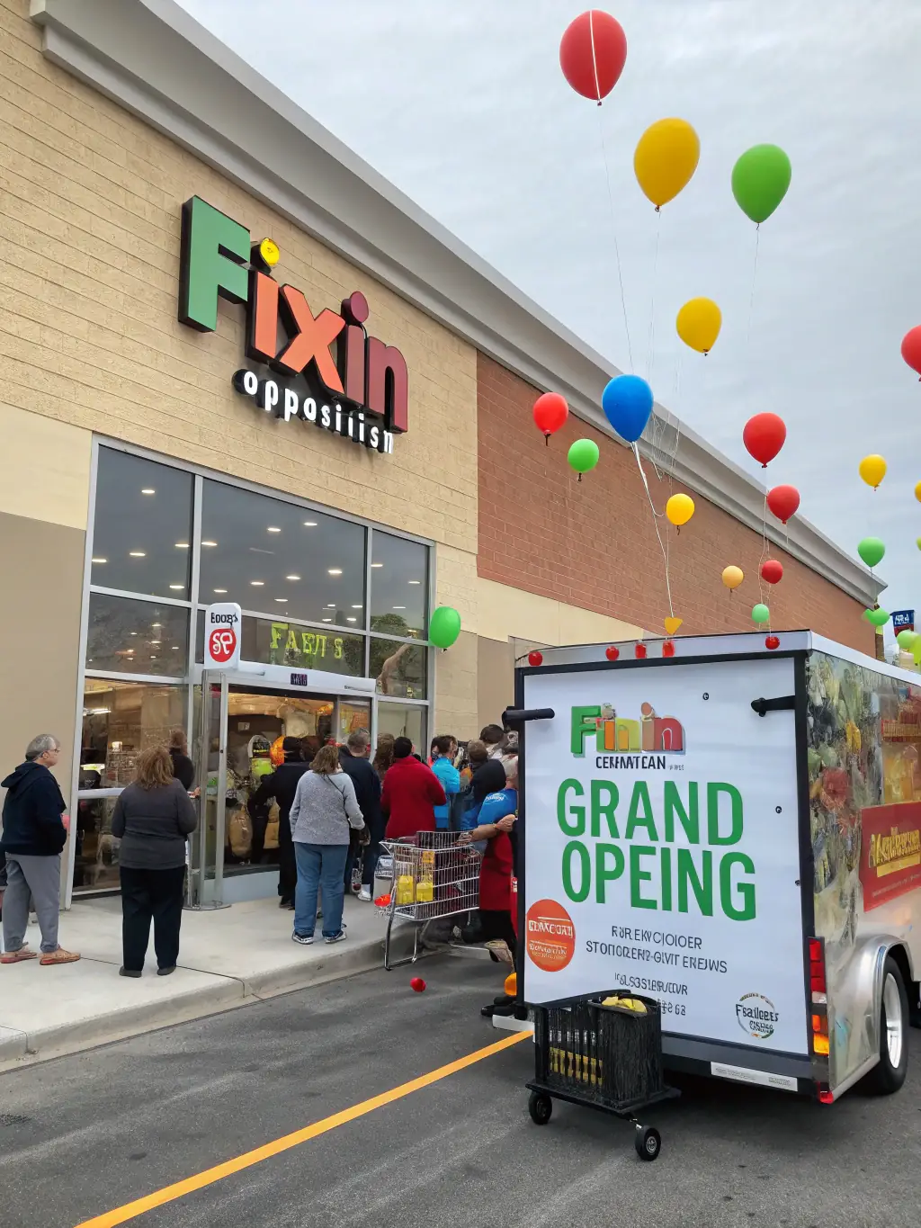 A digital billboard truck parked outside a shopping mall, displaying an advertisement for a retail store's grand opening.
