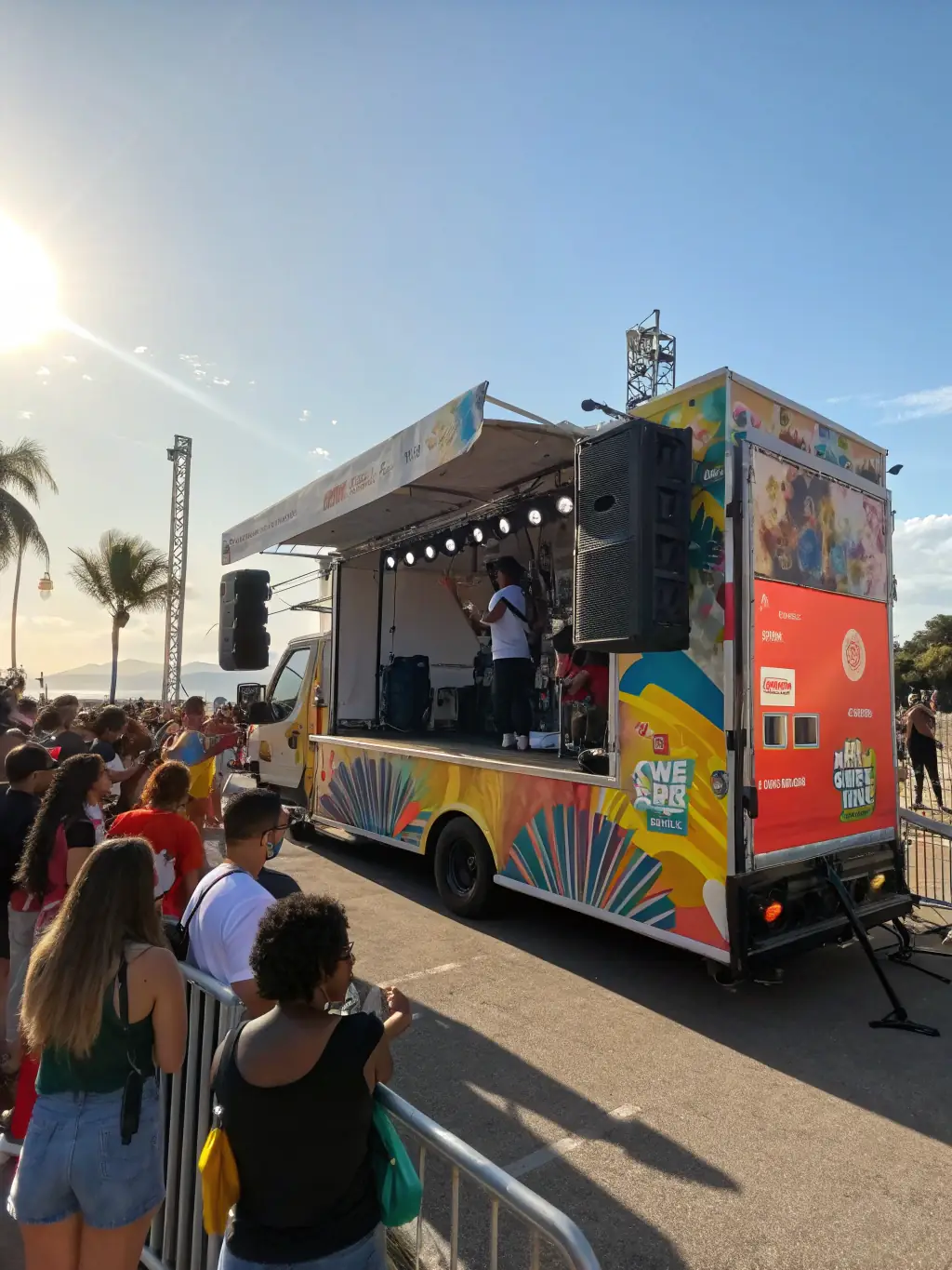 A digital billboard truck parked near a concert venue, displaying an advertisement for an upcoming music festival.